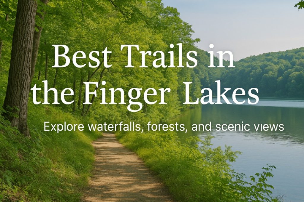 A beautiful lake and a path running next to it with green grass and trees and the words "best trails in the finger lakes" overlayed.
