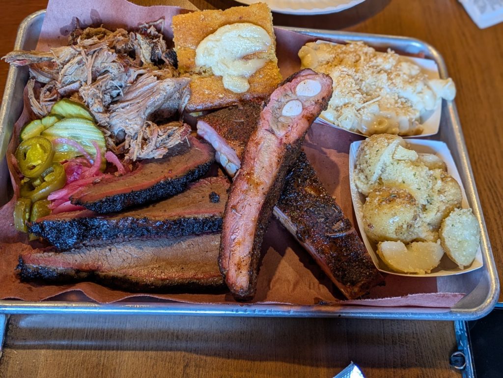 3 meat platter of BBQ from Smokin Petes in Geneva, New York.